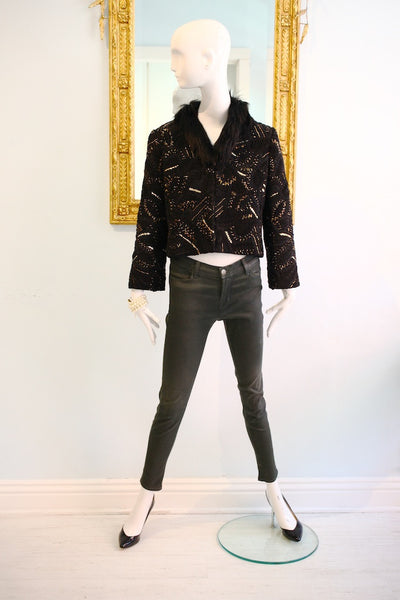 Oscar de la Renta Black & Gold suede Leather Jacket w/Fur Collar